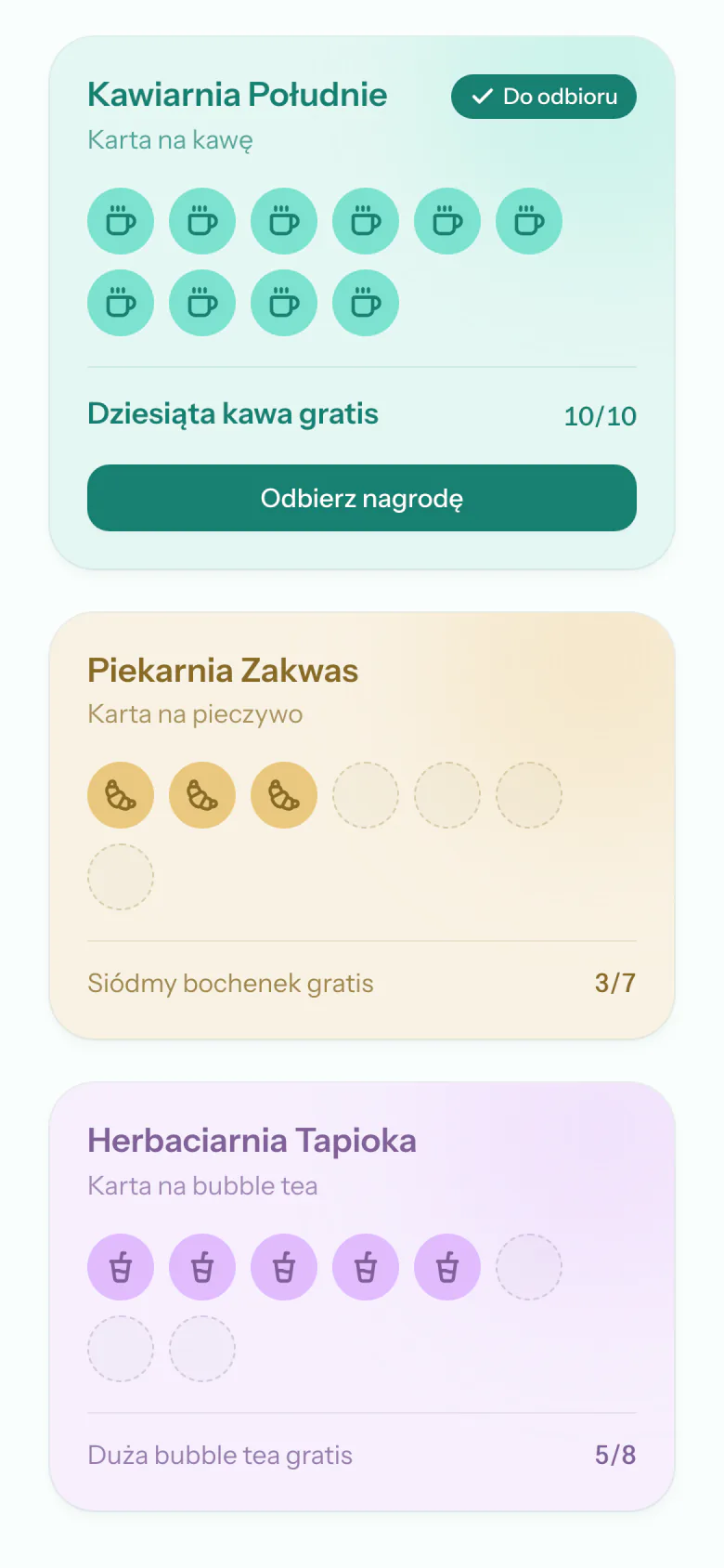 Lista trzech kart: pełna karta Kawiarni Południe do odbioru, karta Piekarni Zakwas z trzema pieczątkami na siedem i karta Herbaciarni Tapioka z pięcioma na osiem.