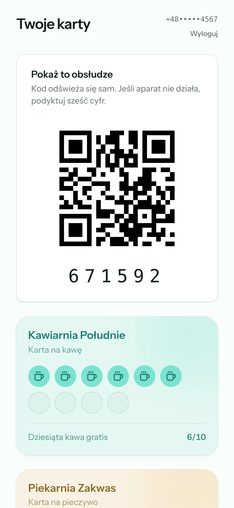 Ekran „Twoje karty”: kod QR do pokazania obsłudze, a pod nim karta Kawiarni Południe z sześcioma pieczątkami na dziesięć.