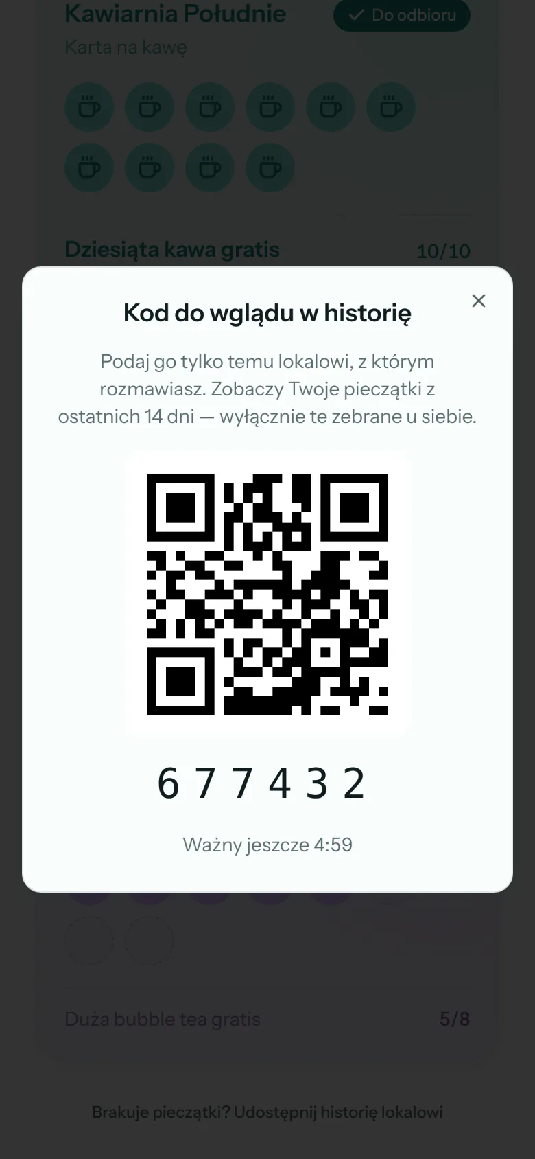 Okno „Kod do wglądu w historię” z kodem QR, sześcioma cyframi i informacją, że lokal zobaczy pieczątki z ostatnich 14 dni.