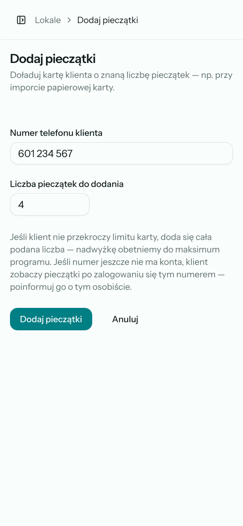 Formularz „Dodaj pieczątki” z numerem telefonu klienta i liczbą pieczątek do dodania.