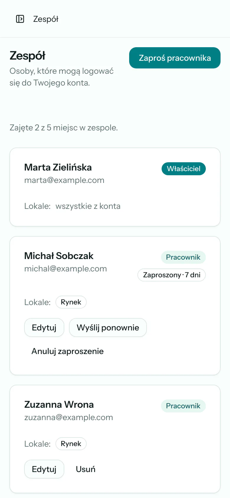 Lista „Zespół”: właścicielka, aktywna pracownica i zaproszony pracownik z informacją o ważności zaproszenia.